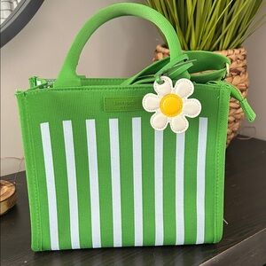 kate spade green and white striped canvas tote with daisy charm